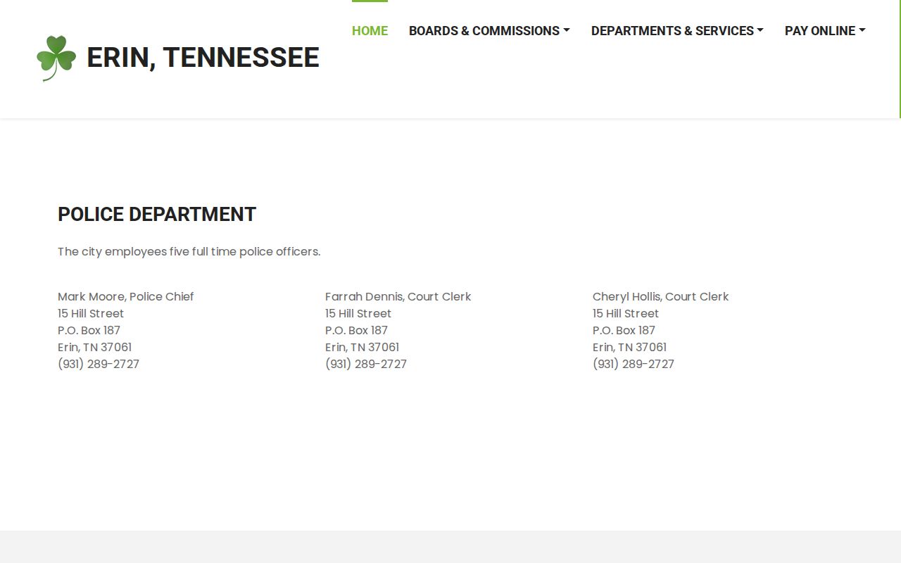 Erin criminal records contact information for police and City Court