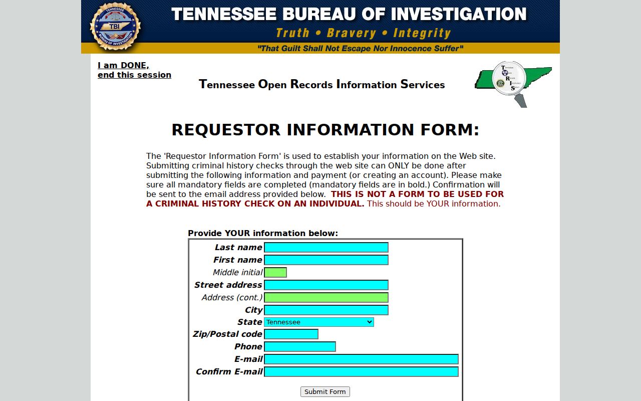 Houston County criminal record TORIS requestor fields