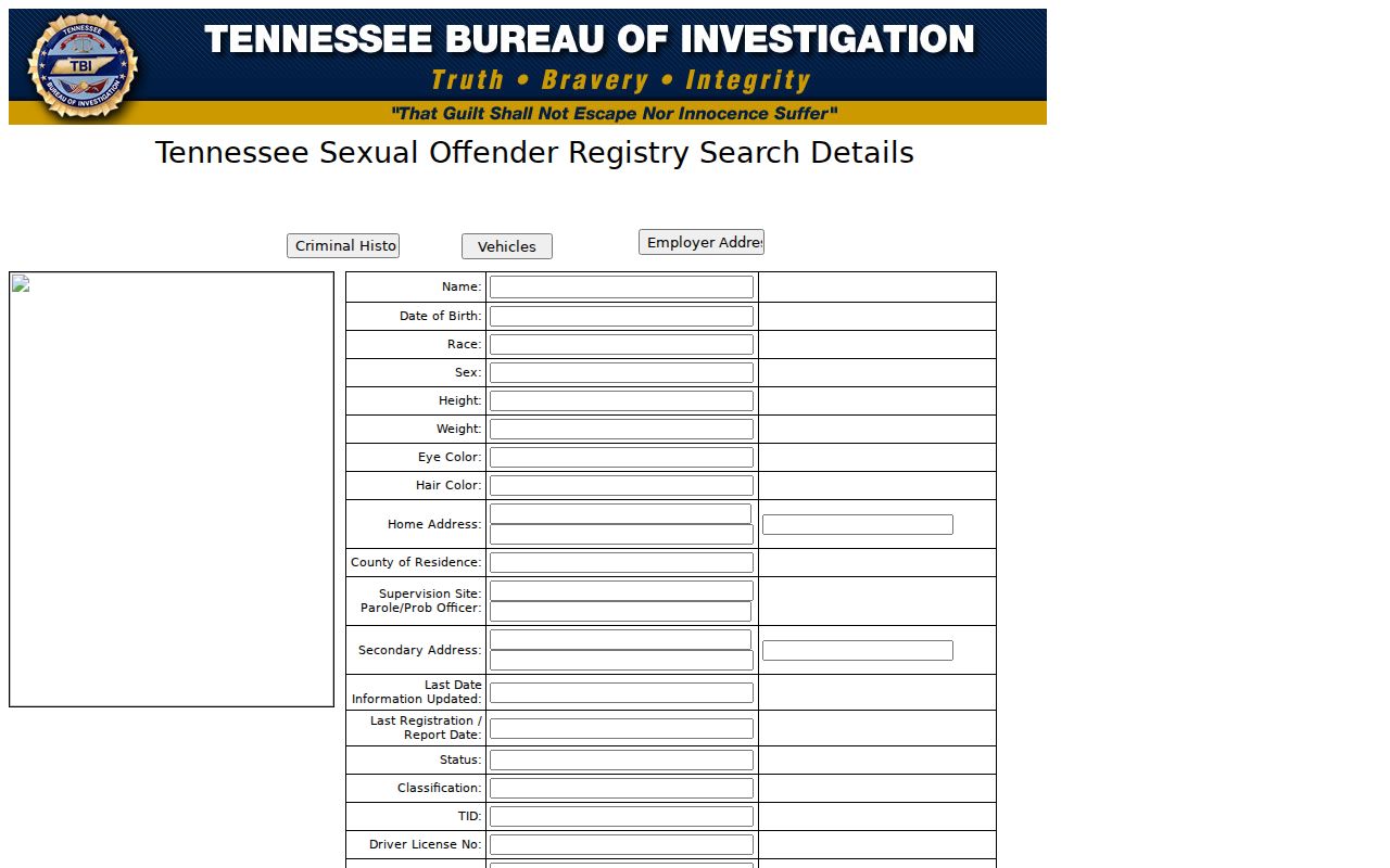 TBI sex offender registry detail layout showing public profile field groups