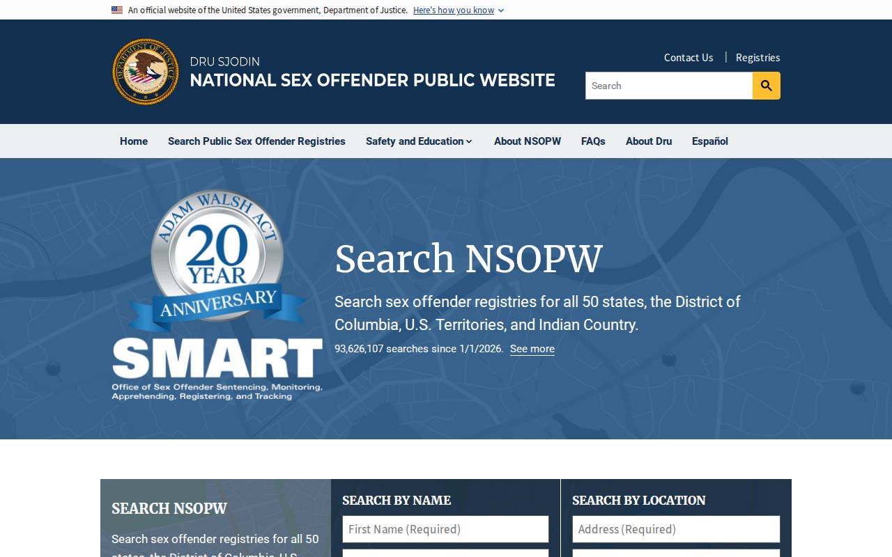 United States Department of Justice NSOPW national sex offender search page