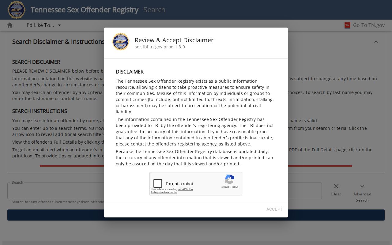 Tennessee Sex Offender Registry search filters for a Houston County query